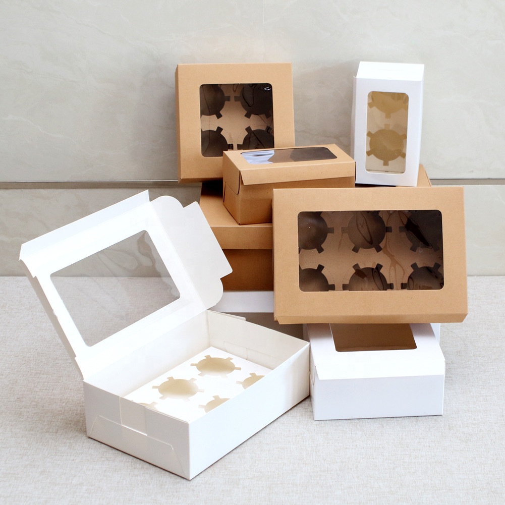 Custom printed 2 4 6 12 holes wedding Christmas cookie baking packaging single mini Kraft paper cupcake cake boxes with window